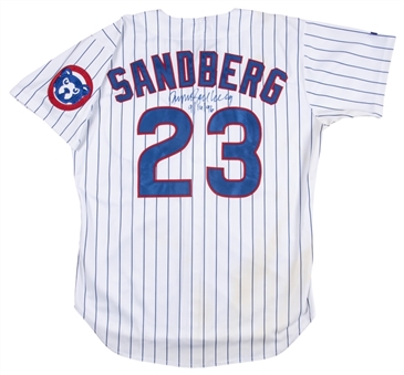 1996 Ryne Sandberg Game Used & Signed Chicago Cubs Home Jersey Inscribed "9/14/96" (Beckett) 